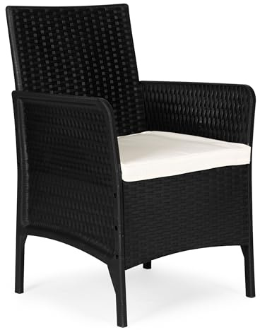 Gartenstuhl Rattan Optik mit Kissen, Balkonstuhl mit Armlehnen, Terrassenstuhl wetterfest aus Kunststoff, Outdoor Sessel für Garten, Balkon, Terrasse, Patio und Wintergarten (1)