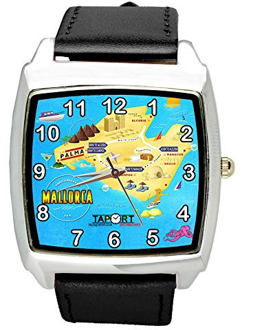 TAPORT® Spanien Mallorca Island Quarzuhr, quadratisch, schwarzes Echtlederband, Armband