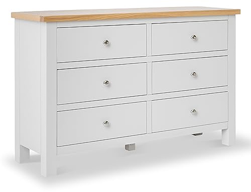 RoselandFurniture Farro Grey Large 6 Drawer Chest of Drawers Bedroom | Fully Assembled, Wooden Storage with Oak Top, Contemporary Coastal Style, H78cm W120cm D36cm