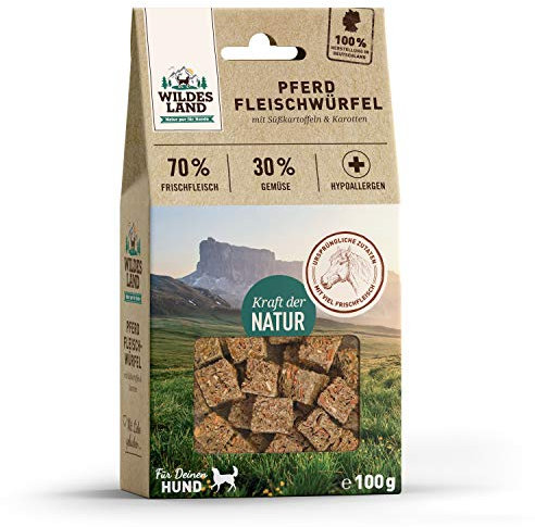 Wildes Land - Fleischwürfel Pferd - 100 g - Kausnack für Hunde - 70% Frischfleisch - 30% Gemüse & Beeren - Natürlich belohnen - getreidefrei - Hohe Akzeptanz - Frisches, schonend getrocknetes Fleisch
