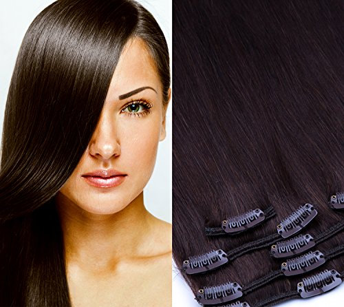 Clip In Extension Set 7 Teile glatt 55cm Haarverlängerung Haarteil 100% Remy Echthaar Clip in Hair Extension von GlamXtensions in Farbe: 02 Dunkelbraun