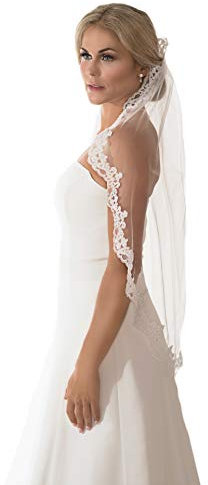 Unbekannt Schleier Brautschleier 1 Lage mit Kamm Strass Perlen Umrandung Hochzeit Braut Weiß Ivory 90 cm (Weiß)