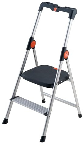 GIERRE Scaletta 2 gradini pieghevole 117H x 49 cm Sgabello Scaletta in Alluminio Anodizzato con Vaschetta Portaoggetti Integrata Scala Salvaspazio con Piedini Antiscivolo e Ampia Piattaforma