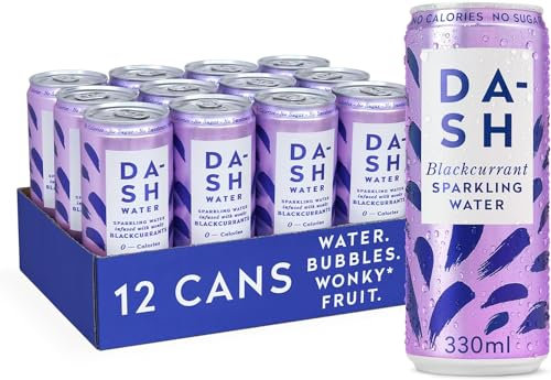 DASH WATER Schwarze Johannisbeere - 12 x prickelndes Quellwasser mit Johannisbeergeschmack - KEIN Zucker, KEIN Süßstoff, KEINE Kalorien - Angereichert mit krummen Früchten (12 x 330ml Dosen)