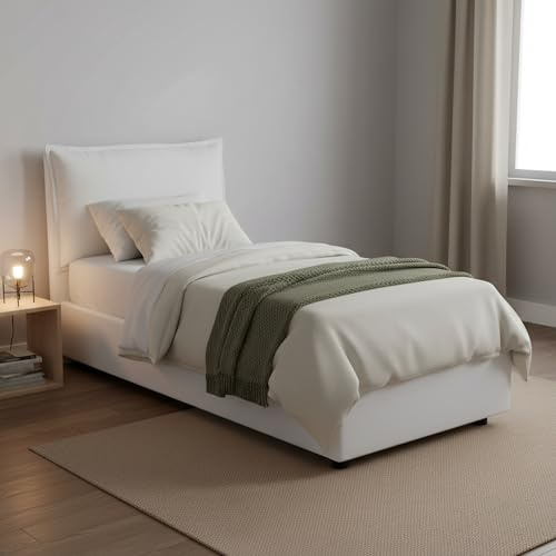 Talamo Italia - Einzelbett Carolina, Bettkasten mit Stoffbezug, 100 % Made in Italy, Öffnung vorne, inklusive Matratze 80 x 190 cm, Weiß