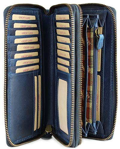 Hochwertige XXL Vintage Leder Damen Geldbörse Portemonnaie langes Portmonee Geldbeutel Organizer aus weichem Leder mit extra vielen Fächern inkl. RFID in blau - 20x11x3,5cm (B x H x T)