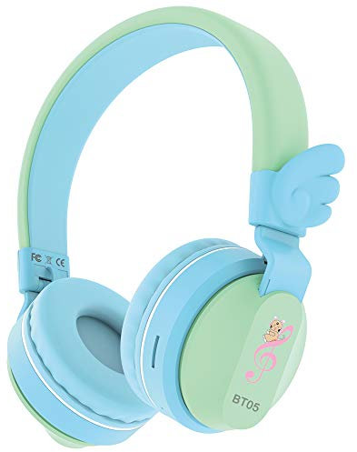 Riwbox BT05 Wings Casque sans fil Bluetooth supra-auriculaire 85 dB/103 dB Contrôle du volume Casque pliable pour enfants avec micro/carte TF Compatible avec tablette/smartphone/école (bleu et vert)