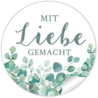 72 STICKER Mit Liebe gemacht Etiketten für ihr Gastgeschenk EUKALYPTUS ZWEIGE GRÜN MINT WEIß zum beschriften von Selbstgemachtes, Briefen oder Geschenkverpackungen, 4 cm, rund, matt