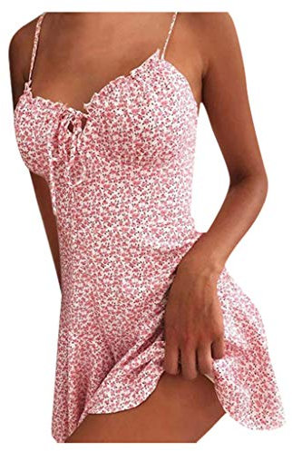 Robe Femme Été à Bretelles Volant Mini Robe de Soirée Femme Sexy Dos Nu Fleurie Robe de Plage Femme Courte Décontracté Robe de Cocktail Femme Chic sans Manches Robe Trapèze (Rose, S)