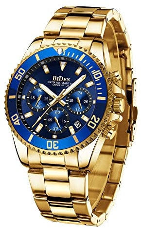 Relojes Hombre, Grandes de Pulsera Militares Cronografo Diseñador Luminosos Impermeable, de Acero Inoxidable Dorado Analogicos Fecha