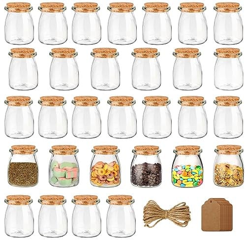 BELLE VOUS Lot de 30 Pot en Verre avec Couvercle en Liège, Etiquettes et Ficelle - Bocaux en Verre Epices 210 ml - Lot Petit Pot Verre Hermetique pour Cadeaux Mariage, Fêtes, Cuisine & Confitures