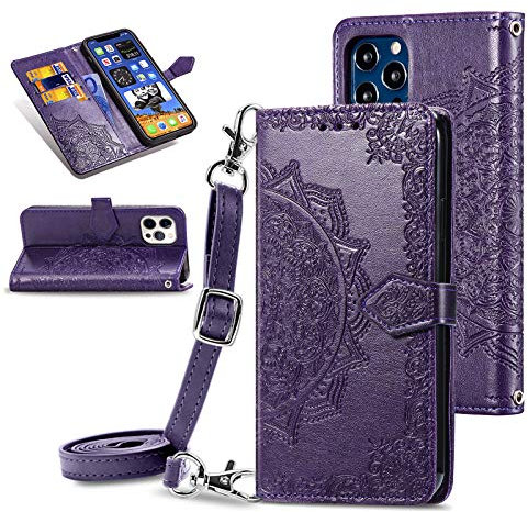 QLTYPRI Case for iPhone 12 iPhone 12 Pro, Premium Leather Wallet Case Card Holder Shoulder Strap Embossed Flower Pattern Magnetic Protective Cover for iPhone 12 iPhone 12 Pro (6.1 Inch) - Purple