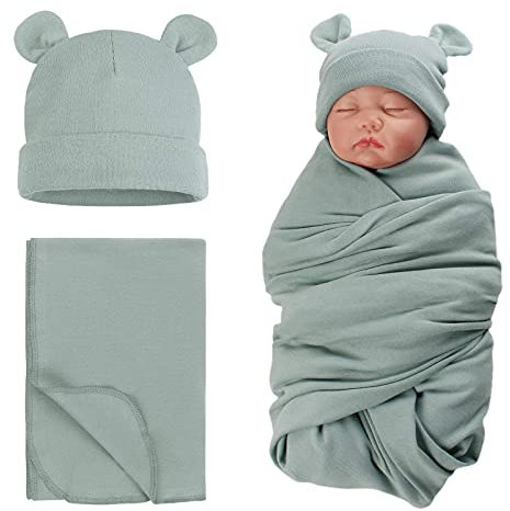 XIAOHAWANG Baby Pucktuch Baumwolle Mit Neugeborene Mütze Baby Spucktücher Weiche Bequemem Pucktuch für Baby Mädchen,Junge (Grün grau)