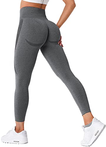 TAYOEA Damen Sport Leggings Blickdicht Yogahose Nahtlos Lange Leggings Slim Fit Fitnesshose Lächeln Kontur Push up Sporthosen Hohe Taille Yoga Lange Leggings Übung Fitness Joggen Grau,M