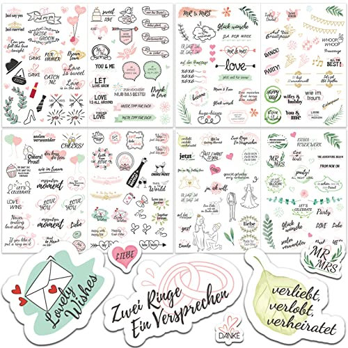 HOWAF Sticker Hochzeit Gästebuch, 8 Bögen Vintage Aufkleber Hochzeit für Gästebuch oder Fotoalbum Sticker Hochzeit Herz Liebe Hochzeitssticker für Scrapbook Bullet Journal Geschenke Hochzeitsdeko
