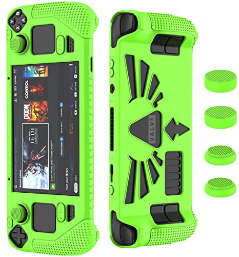 SUIHUOJI Steam Deck/Steam Deck OLED Standing Protective Case, Thickening Silicone Accessories Protector, Soft Cover Skin Shell with 2 Pairs Thumb Grips, Full Protection for Valve Stream Deck (Green)