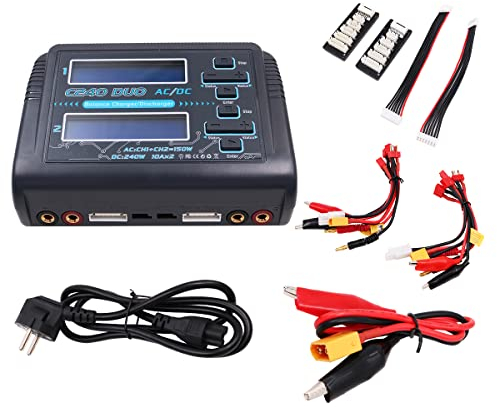 VOANZO Lipo Battery balance Charger RC Charger AC/DC input Dual Charging Ports Adjustable Charging Power Compatible with 1-6S LiPo Batteries Fit for 1/10 RC Car Drone