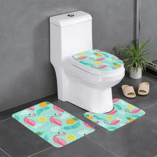 Flamingo 3-teiliges Flanell-Badezimmerteppich-Set, mit Toilettenbezug, Badezimmer-Anti-Rutsch-Matte, U-förmiger Kontur-Toilettenvorleger, Hygroskopisches Badezimmerteppich-Set