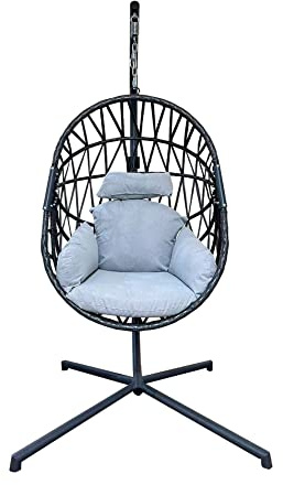 Rebecca Mobili Hängesessel, Außenbereich-Schaukelstuhl, Polyrattan Stahl, Mit Kissen, Selbsttragend - Maße HxBxT: 200 x 128 x 128 cm (Grau)