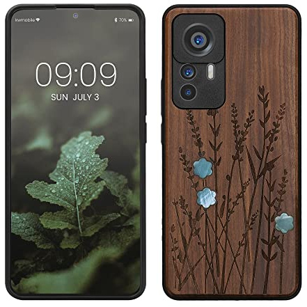 kwmobile Hülle kompatibel mit Xiaomi 12T / 12T Pro Hülle - Holz Case - Handy Cover - TPU Handyhülle in Dunkelbraun Perlmutt-Lavendel