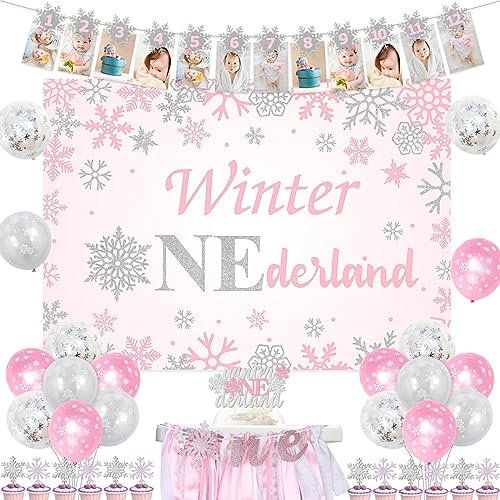 Winter 1st Birthday Decorations Girls, Pink Silver Balloons Onederland Backdrop Snowflake 12 Months Photo Banner Cake Cupcake Topper One High Chair Banner for Girls 1 Year Old Birthday Party