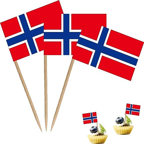 Norwegen Zahnstocher Flagge Norwegische Nordmann National Kleine Mini Cocktail Obst Cupcakes Topper Lebensmittel Stick Flaggen Dekorationen, 100 Stück