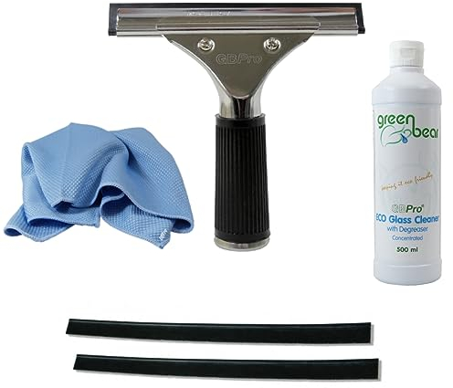 GBPro Professioneller Fensterabzieher aus Edelstahl, 15 cm + Glasreiniger 500 ml, Fischschuppen-Mikrofaser-Glastuch, maschinengeschnitten, hochwertige Gummilippe, 2 Stück