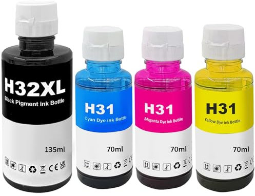 SHUOLEI 31 32XL Encre Compatible avec HP31 32XL Bouteille d'encre Multipack pour Smart Tank 5105 7005 7006 7305 7306 7605; Smart Tank Plus 315 319 455 515 (4-Pack,Noir Cyan Magenta Jaune)