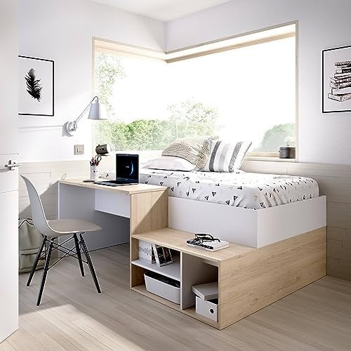 Composizione Camera da Letto Cervino, Lettino Singolo per cameretta, Set con scrivania e scaffali, 195x134h73 cm, Bianco e Rovere