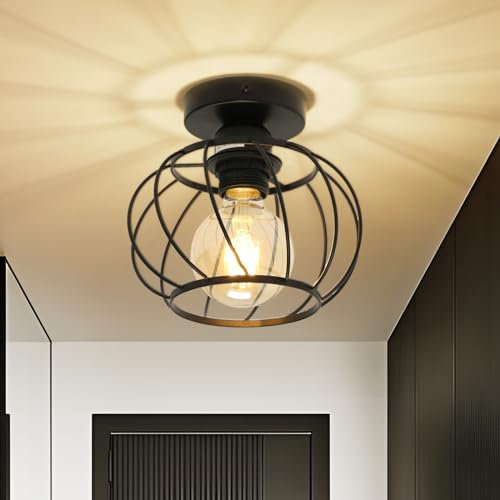 Goeco Deckenleuchte Industrial, Deckenlampe Schwarz mit Spiralkäfig Lampenschirm, E27 Retro Deckenleuchte Hängelampe für Küchenlampe, Balkonlampe, Flurlampe, Kabinenlampe