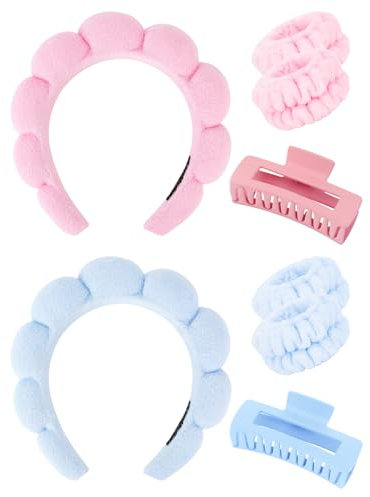 Wecoe Set di fascia e braccialetto per spa rosa blu per la cura della pelle fascia per il lavaggio del viso clip per capelli spessi carino spugna gonfia trucco fascia per capelli asciugamani da polso