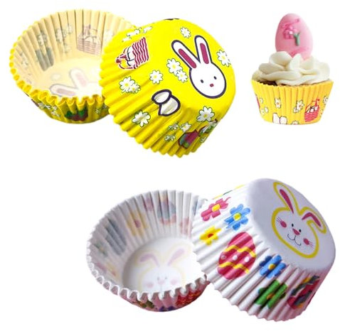 200 Stück Ostern Muffinförmchen Set, Gelb und Weiß Hase Muffins Papierförmchen, Einweg Kleine Muffinförmchen für Ostern Hochzeit Geburtstag Party Kuchen Dekoration