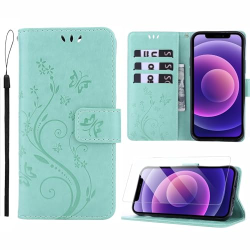 Anshow for iPhone 12 Case Wallet with Wrist Strap, iPhone 12 Pro Case, Flip Leather Case with Cards Holder Phone Case with Kickstand Cover for iPhone 12/12 Pro, Green