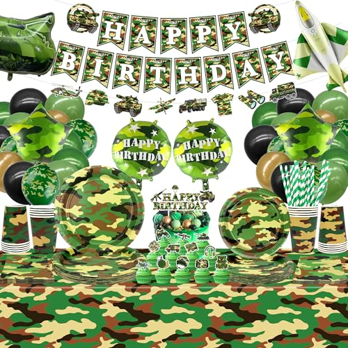 Décoration d'anniversaire camouflage – Fournitures militaires, assiettes, tasses, serviettes, nappe, bannière, ballons, décorations de gâteau pour garçon, camouflage, chasse, fête militaire (bannière)