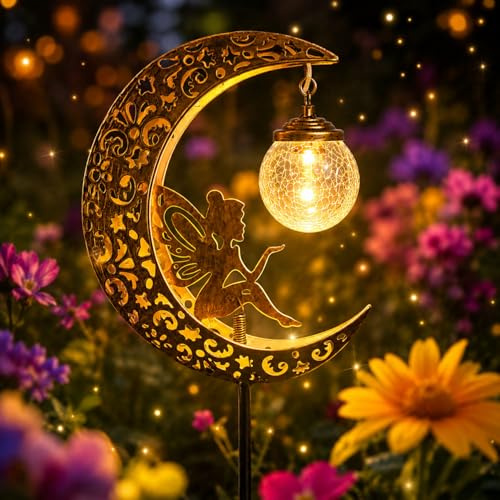 Sunshine smile Mond Solarleuchten Garten,Freien Solarlampe,LED Glaskugel Gartenleuchte,Gartendeko für Hof Rasen,Elfe Blumenfee Solarleuchte,Solarleuchte mit Erdspieß,Gartendeko für Hof Rasen Hochzeit