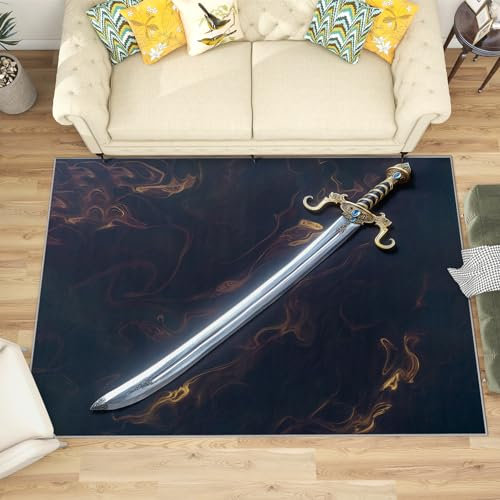 Teppich Japanischer Stil - Teppich Wohnzimmer Schlafzimmer Samurai, Kleiner Teppich Schwert, Weich Kurzflor & Waschbar & rutschfest Fussmatte Innen, Kinderteppich 60x90 cm