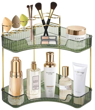 SHANNA Make Up Kosmetik Aufbewahrung: 2 Schichten Grün Badezimmer Organizer Eck Make up Organizer Verstellbar Pinsel Organizer Multifunktionale Kosmetikregal für Schminktisch, Geschenkidee