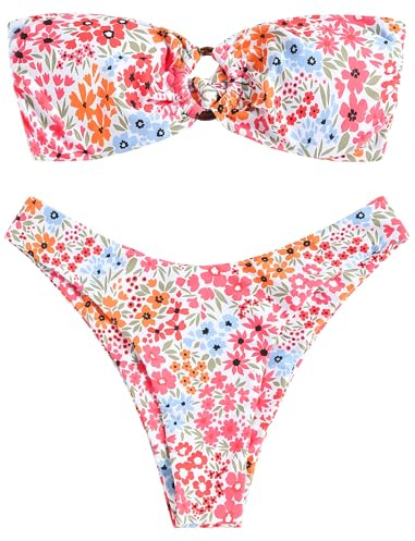 ZAFUL Women's Bandeau Bikini O Ring Strapless Tie Back High Cut Two Piece Swimsuit Bathing Suits (5-Floral Pink, S)