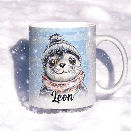 Sunnywall Glitzertasse Personalisiert mit Namen – Weihnachtstasse - Robbe Winter-Edition - Wintertasse aus Keramik - Geschenkidee