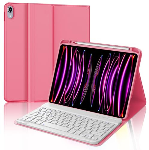 WINCHKING Tastatur Hülle für iPad Pro 12.9 6./5./4./3 Gen(2018-2022) | Abnehmbar Hülle mit Stifthalter, Magnetisch Bluetooth Tastatur für iPad Pro 12.9 Zoll 6. Generation, QWERTZ Layout, Rosa
