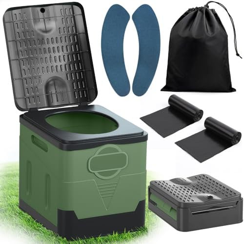 SaiXuan WC Portátil Plegable, 25L de Capacidad, Soporta hasta 150KG – Inodoro Portátil con 24 Bolsas Desechables, Bolsa de Transporte y Cojín, para Camping, Autocaravana, Senderismo (Verde militar)