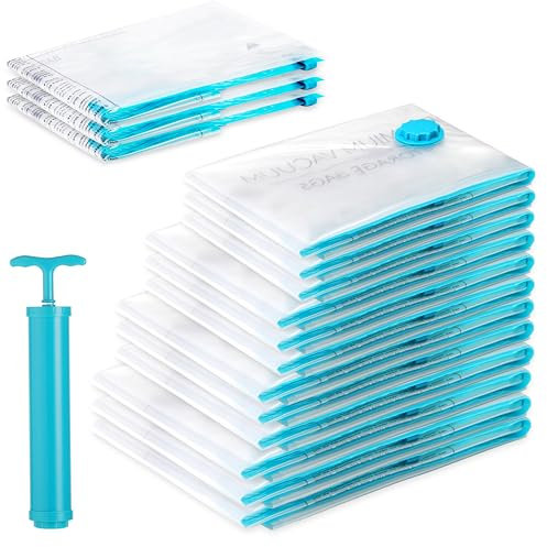 SilverRack XL Jumbo Vakuumbeutel für Kleidung, Reise u. Bettdecken [15 Stück] - INKL HANDPUMPE u. ETIKETTEN in (3x 40x60 cm (Reise Aufroll) / 3x 40x60 cm / 3x 50x70 cm / 3x 60x80 cm / 3x 80x100 cm)