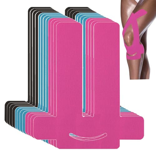 ANAMPION Kinesiotapes Vorgeschnitten for Knees, 12 Stück Wasserfestes kinesiotape für Knee Schmerzlinderung, Original Baumwolle Knie Tape für Sport & Dauerhafte Unterstützung(Schwarz+Blau+Rosa)