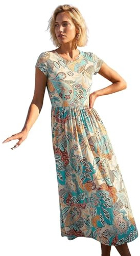Roman Midi Dress with Pockets for Women UK Ladies Stretchy Jersey Maxi Long Short Sleeve Elasticated Gathered High Waist Boho Flattering Skater Swing Fit Flare - Paisley Light Blue - Size 14