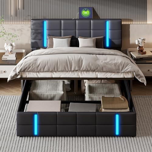 JDEFARF Bett mit Stauraum, 160 x 200 cm, mit LED und USB-Anschluss, für Doppelbett, für Erwachsene, aus Kunstleder mit Stauraum, klappbarer Lattenrost mit großem Stauraum (Schwarz, 160 x 200 cm)