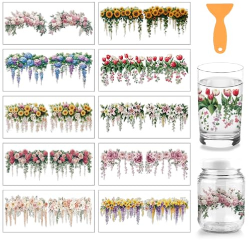 arricraft 10 Stück Blumencluster Thema Tassendruck UV Transferpapier 10 Stile Hängende Blumen PVC DIY Wärmeübertragung Aufkleber Für 16 OZ Glas Tassen Handwerk 9.5x4.3 Zoll