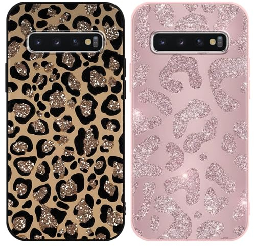 Yirlbey 2 Stück Handyhülle für Samsung Galaxy S10 4G Hülle 6,1, Aesthetic Muster Glitzer Motiv Design Weiche TPU Ultra Dünn Bunt Silikon Schutzhülle Kratzfeste Stoßfest Case für Mädchen, Leopard