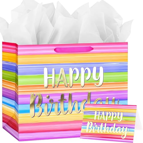 Geschenktasche groß 33 cm x 12 cm x 26 cm, luxuriöse Regenbogen-Geschenktüte mit Grußkarte und Seidenpapier, Partytüten für Geschenke, große Geburtstagsgeschenktasche für Sie, Frauen, Männer, Jungen
