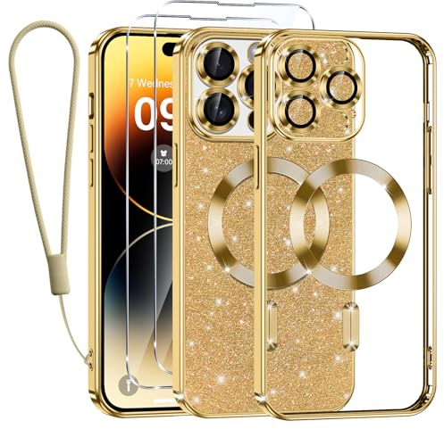 Tikfrlo Handykette für iPhone 14 Pro Hülle mit MagSafe, Glitzer Magnetisch Handyhülle Stoßfeste Silikon TPU Schutzhülle Case für iPhone 14 Pro mit 2 Stück Schutzfolie, Gold