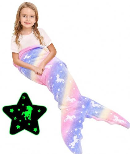 Ranedo Meerjungfrauenflosse Mädchen, Im Dunkeln leuchtende Einhorn Decke Meerjungfrau Decke, weiche Flanelldecke für Mädchen, tragbare Kuscheldecke für Kinder & Teens, 140 × 60 cm Lila